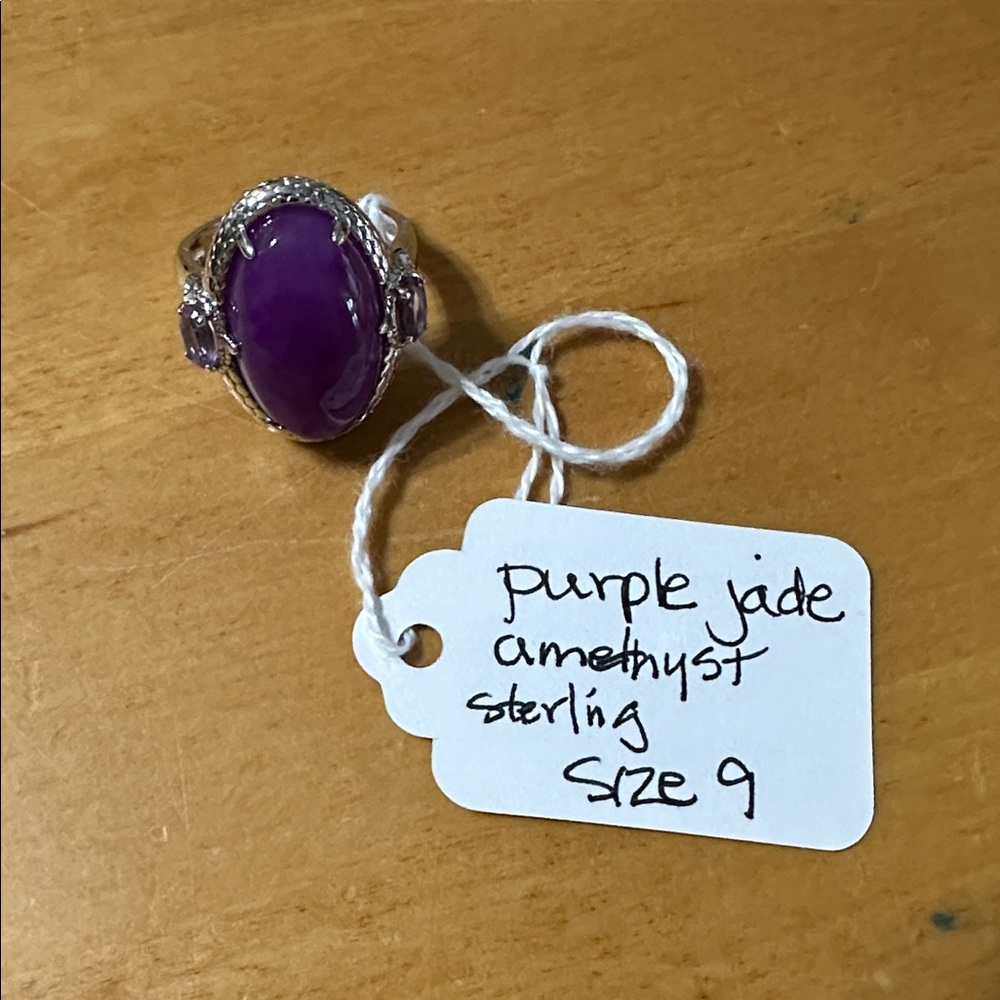 Vintage Sterling Silver Purple Jade Amethyst Cocktail Statement Ring Size 9